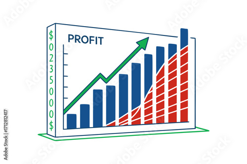 3D profit bar chart with upward trending arrow graph