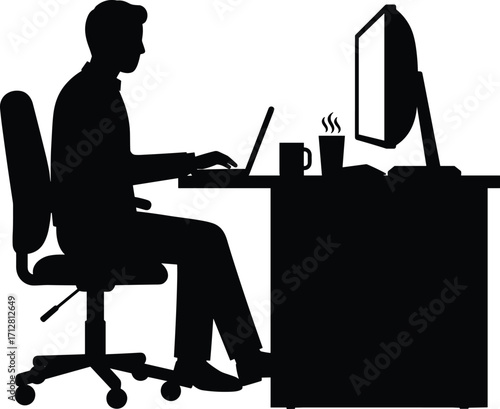 Silhouette person working at desk with laptop, coffee cup, office home workspace, remote work productivity illustration, professional lifestyle art