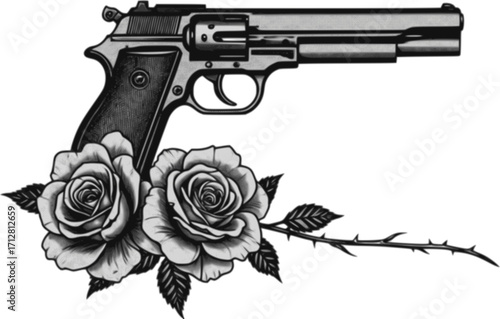 monochrome vector gun and rose flower in mezzotint photocopy effect, for grunge punk y2k collage design. weapon flowers retro elements. brutalist vintage illustration music poster