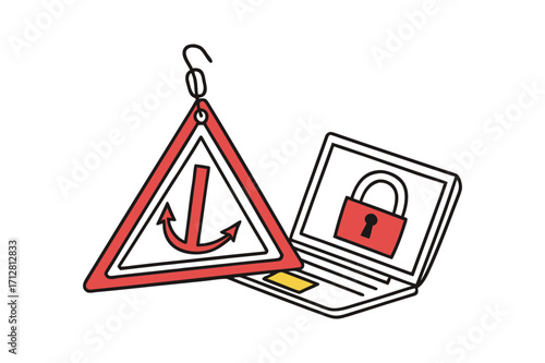 Cyber Security Phishing Hook and Locked Laptop vector