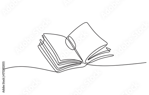 Single line drawing of open book with abstract swirl element learning concept vector