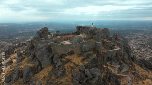 Drone Aerial View of Monsanto Castle on Hilltop, Portugal