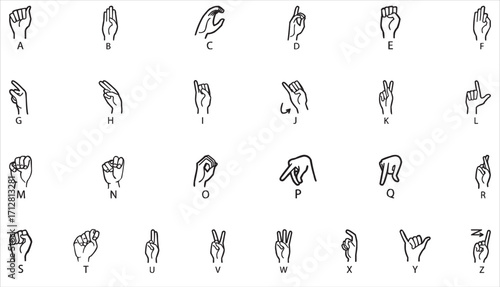 American Sign Language (ASL) icon set illustrating hand signs, alphabet gestures, communication symbols, and deaf culture elements. Clean vector line art style, suitable for educational posters, 