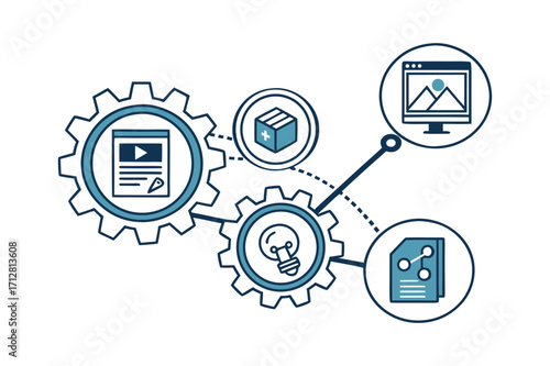 Interconnected Gears and Digital Icons Representing Workflow