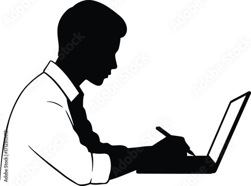Silhouette person writing at desk with laptop, office home workspace, remote work study productivity illustration, professional lifestyle creative art