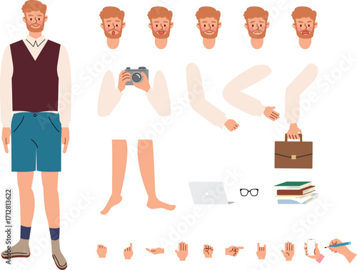 Character Builder Customizable Flat Illustration of a Man with Multiple Expressions and Accessories