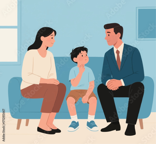 A family of three is sitting on a blue couch in a room with a light blue wall. The parents are both smiling and looking at their son who is sitting between them. The father is wearing a suit 