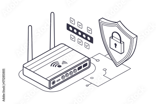 Isometric illustration of router security with password and shield