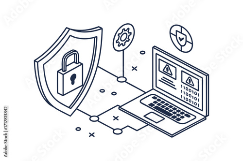 Isometric laptop and shield illustrating data protection