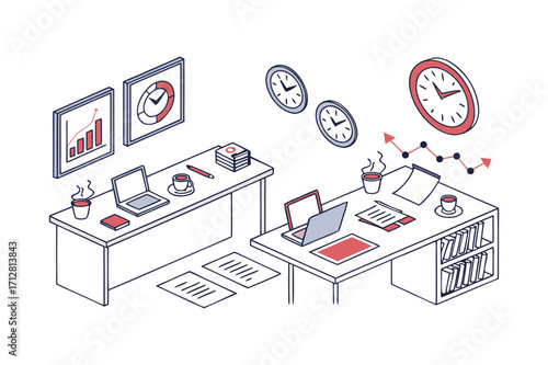 Isometric Office Desks with Clocks and Charts workspace