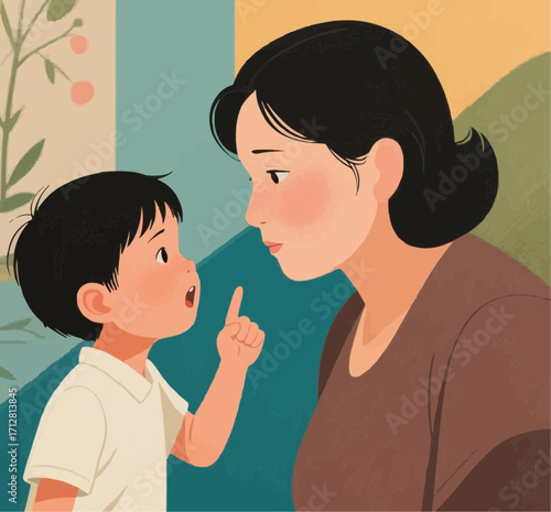 A boy and an adult woman are having a serious conversation. The boy, with short black hair and a white collared shirt, is looking up at the woman with a worried expression, 