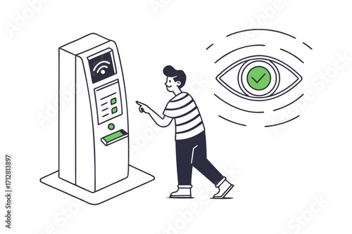 Man using a touch screen kiosk with eye scan verification