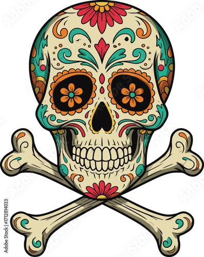 Colorful sugar skull with crossbones, decorated with floral patterns in traditional Día de los Muertos style, vibrant Mexican skull illustration for Halloween and festivals
