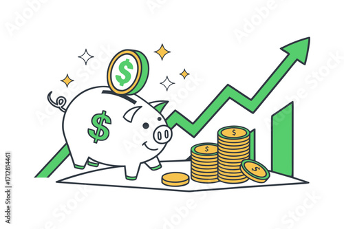 Piggy Bank with Growing Investment Graph and Dollar Coins