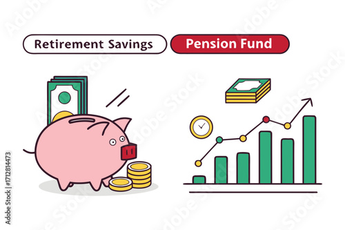 Retirement Savings and Pension Fund Piggy Bank and Graph