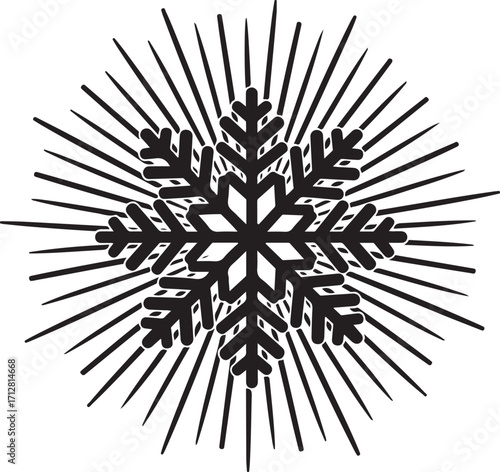 Black and white snowflake with light rays emanating outwards