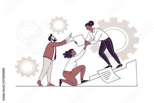 Teamwork and collaboration with gears and people business