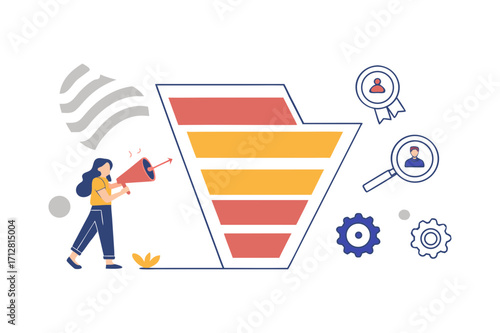 Woman using megaphone near sales funnel with analytics