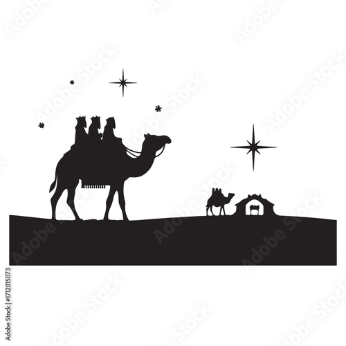 "Nativity Silhouette with Three Wise Men and Manger Scene Under Starry Sky"
