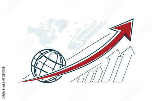 World map and globe with upward trending arrows Keywords: business, finance, growth, global