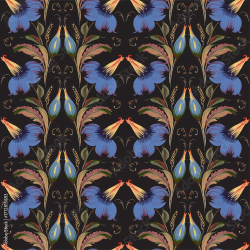 Vector damask seamless pattern of blue flowers and green leaves on a black background