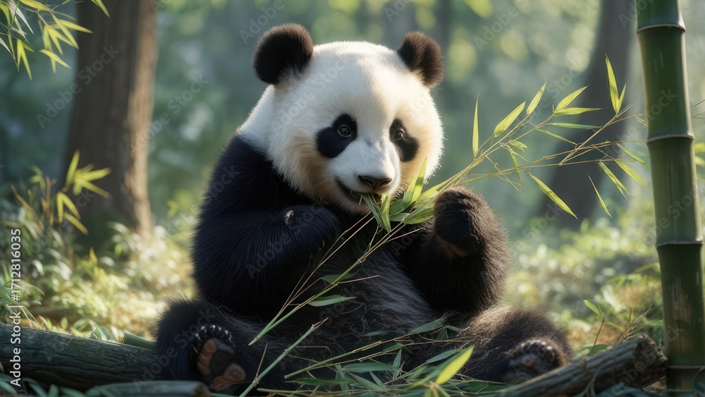 Naklejka premium Panda eating bamboo in forest (1)