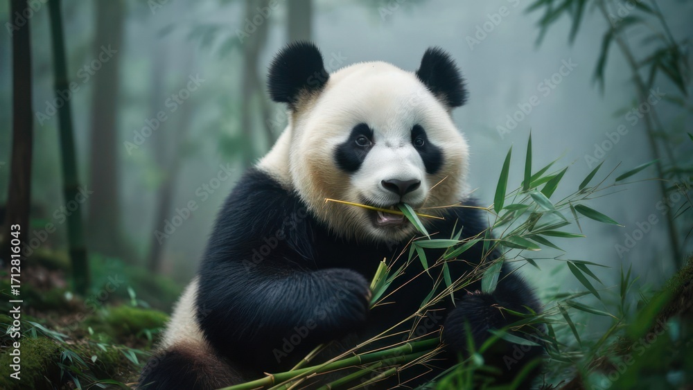 Naklejka premium Panda eating bamboo in forest (2)