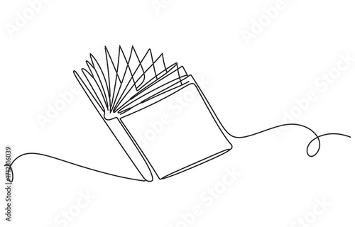 Open book drawn with single continuous line showing pages and string unwinding vector