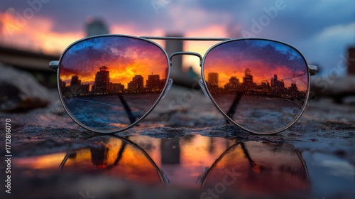 Wallpaper Mural stylish sunglasses reflecting a vibrant sunset cityscape Torontodigital.ca
