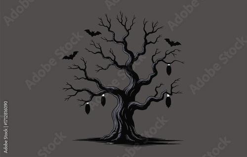 Spooky haunted tree with twisted bare branches and flying bats, Halloween gothic illustration for dark forest, creepy night design, horror fantasy artwork