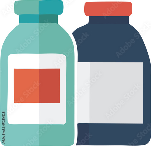 Two distinct pharmaceutical bottles side-by-side presenting clear labeling areas for medical or scientific product information and branding purposes