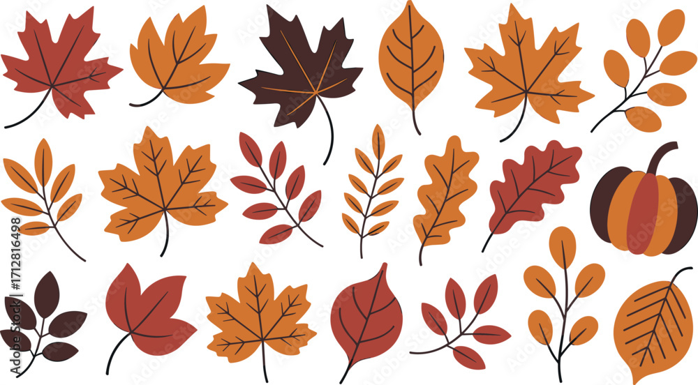 Fototapeta premium Autumn leaves collection, fall foliage illustration, seasonal leaf set, pumpkin decoration, colorful nature elements, thanksgiving design, rustic botanical artwork, harvest celebration clipart