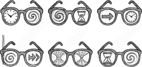 Sunglasses time travel window vector icons hand drawn pencil sketch black line art white background 