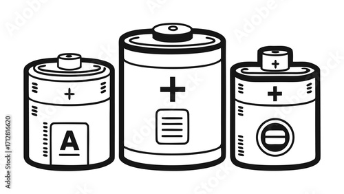 Three different types of batteries in a row black and white line art
