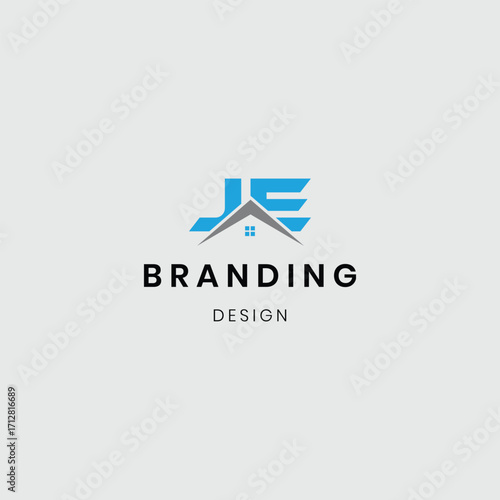 A logo combining a house and flat buildings with the initials “JE”, symbolizing real estate, property development, and modern living. Perfect for real estate agencies, housing projects, apartment comp