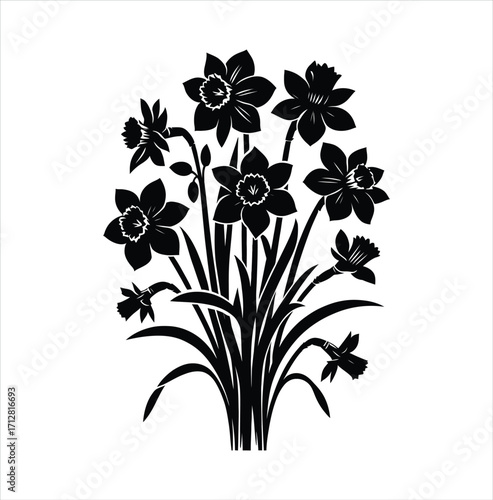 Elegant Silhouette of a Daffodil Bouquet A Timeless Floral Design in Black and White for Print and Decor
