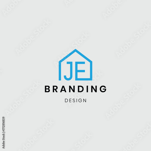 A logo combining a house and flat buildings with the initials “JE”, symbolizing real estate, property development, and modern living. Perfect for real estate agencies, housing projects, apartment comp