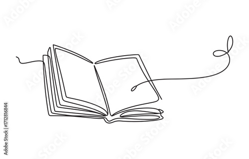 Open book drawn with single continuous line showing pages and string unwinding vector