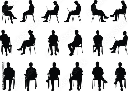 Silhouette seated people various poses, sitting on chairs, reading, using laptop, relaxed posture, lifestyle work leisure, ergonomic design illustration reference