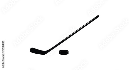 A black hockey stick and puck against a stark white background silhouette