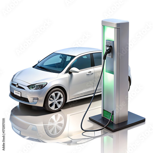 3D Modern EV Charging Station with Electric Car on White & Transparent Background