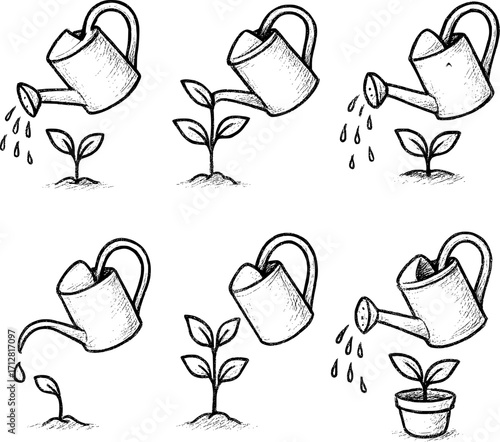 Watering cans nurturing creative plant growth vector icon set black pencil sketch on white backgroun