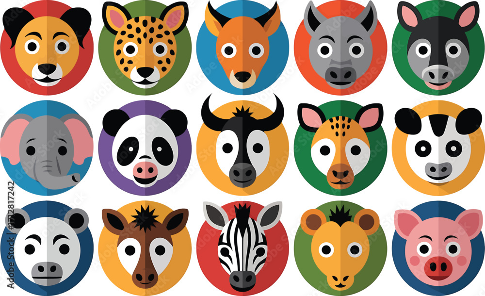 Fototapeta premium Colorful Cartoon Animal Faces for Kids Educational Material