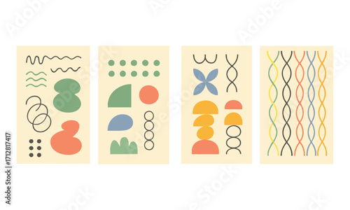 Hand-Drawn Abstract Poster Set Four Minimal Panels Modern Vector illustration, brutal geometric shapes, Lines on Beige Poster Collection, easily editable and scalable.