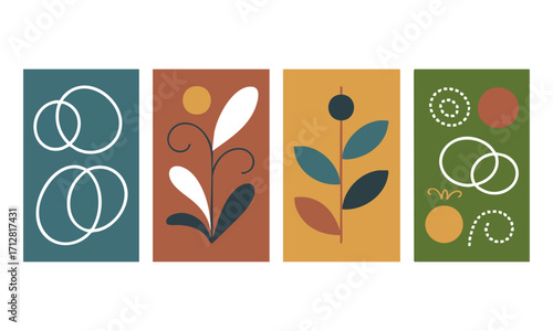 Hand-Drawn Abstract Poster Set Four Minimal Panels Modern Vector illustration, brutal geometric shapes, Lines on Beige Poster Collection, easily editable and scalable.