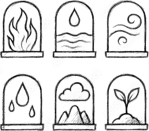 Windows With Elemental Portals Pencil Sketch Vector Icon Set