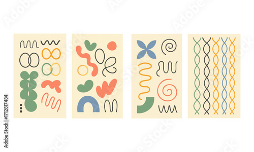 Hand-Drawn Abstract Poster Set Four Minimal Panels Modern Vector illustration, brutal geometric shapes, Lines on Beige Poster Collection, easily editable and scalable.