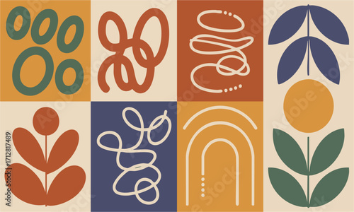 Hand-Drawn Abstract Poster Set Four Minimal Panels Modern Vector illustration, brutal geometric shapes, Lines on Beige Poster Collection, easily editable and scalable.