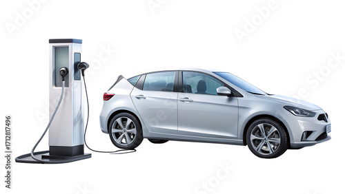 3D Modern EV Charging Station with Electric Car on White & Transparent Background