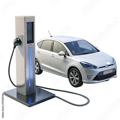 3D Modern EV Charging Station with Electric Car on White & Transparent Background